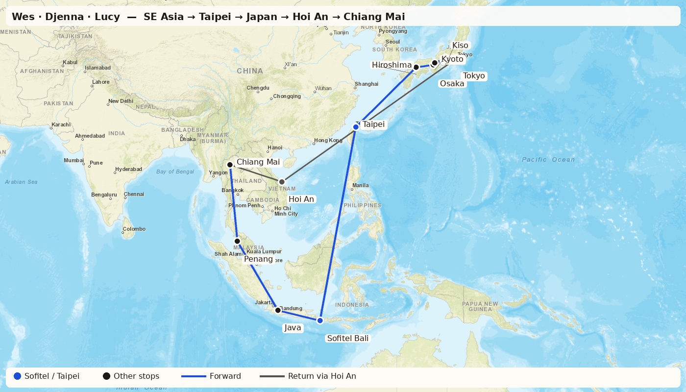 Trip route from Chiang Mai through Bali and Taipei to Japan, returning via Hoi An